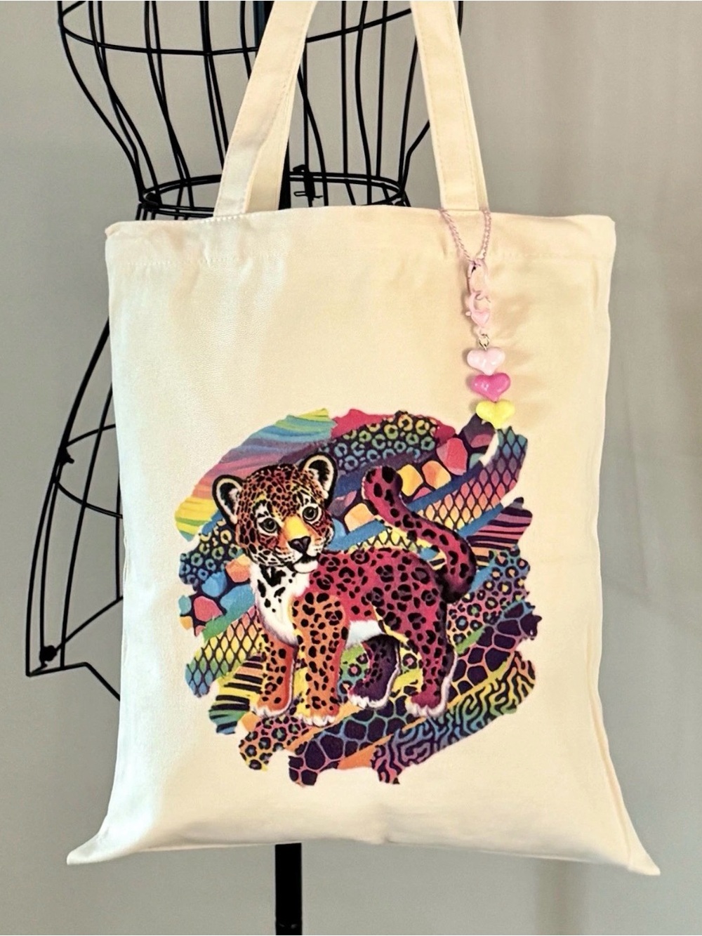 New Retro 80s 90s Style Colorful Leopard Shopping Tote Bag w/ Heart Charm - 15" - Picture 1 of 9